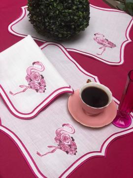 Ekru Üzeri Flamingo İşlemeli Keten Servis