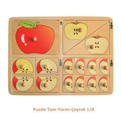 Tam-Yarım-Çeyrek 1/8 Kulplu Ahşap Puzzle (Elma Kesirler)