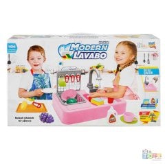Musluklu Lavabo Seti Pilli Sulu Çeşmeli Mutfak Oyuncak 7020 Bulaşık Pembe