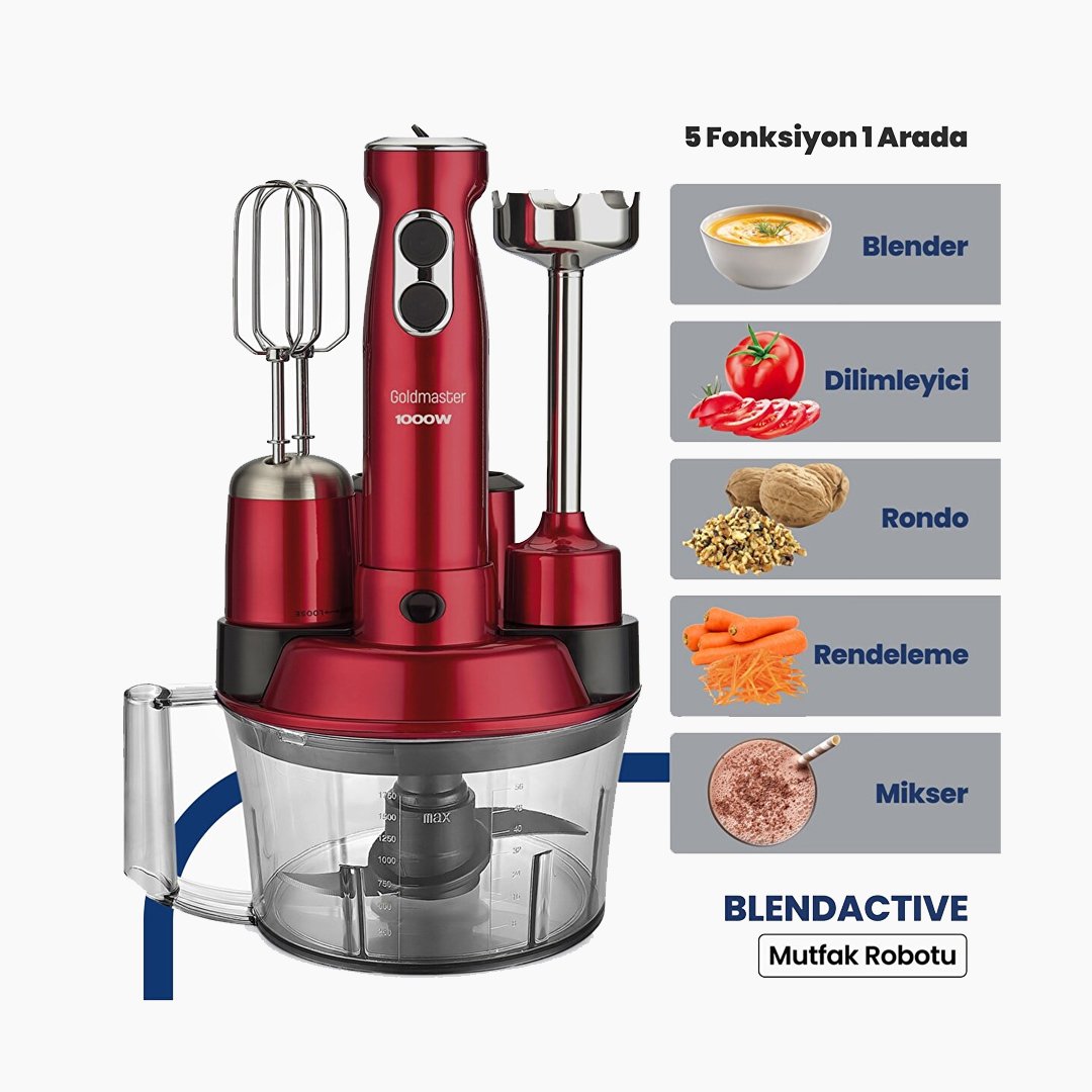 Goldmaster Blendactive 1000 Watt 5 In 1 Mutfak Robotu Multi Blender Seti Vişne Kırmızı