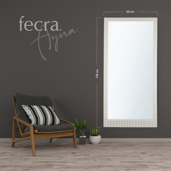 Fecra Orkis  69x139 CmDekoratif Büyük Çizgi Desenli Büyük Boy Krem Çerçeveli Ayna