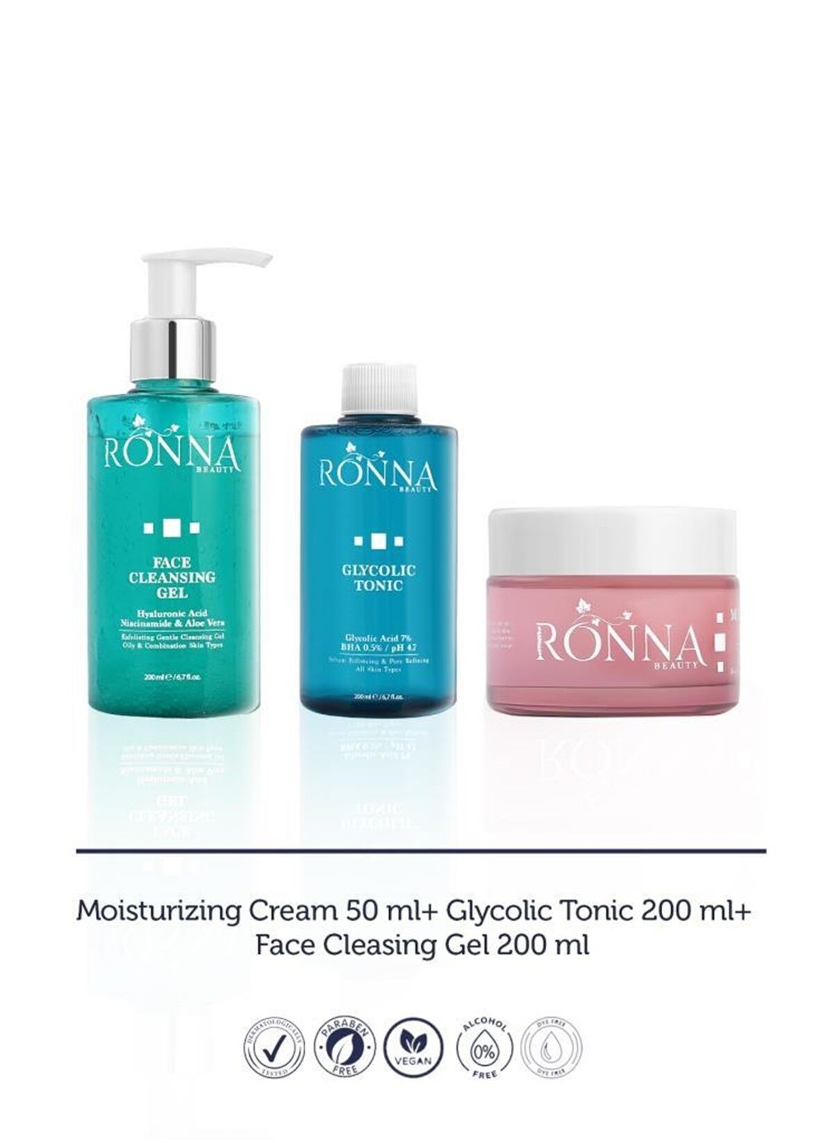 Ronna Beauty Cilt Bakım Temizleme Onarıcı ve Nemlendirici Bakım Seti - Face Cleasing Gel 200 ml + Glycolic Tonic 200 ml + Moisturizing Cream 50 ml