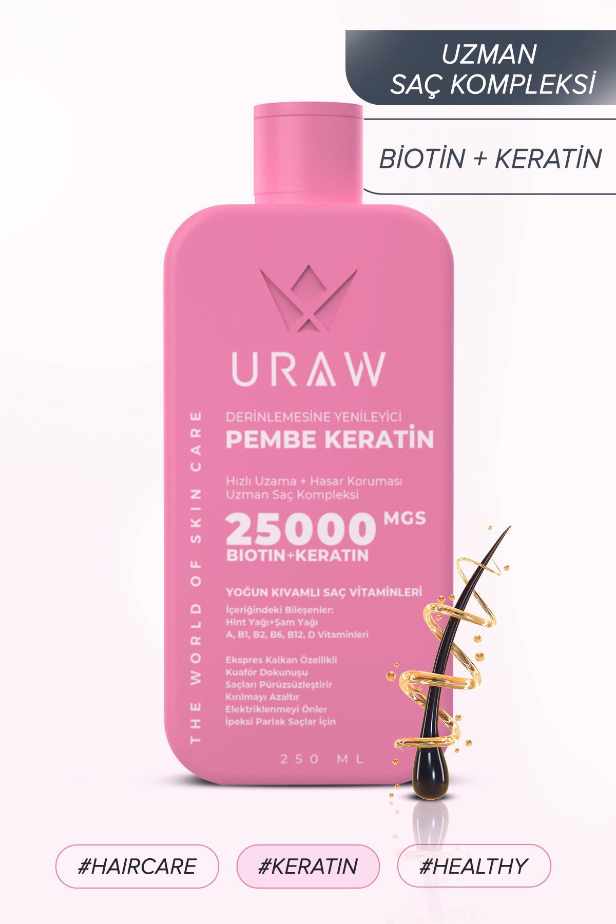 Uraw Pink Keratin Nemlendirici Onarıcı ve Yeniden Yapılandırıcı Saç Bakım Maskesi 250 ml