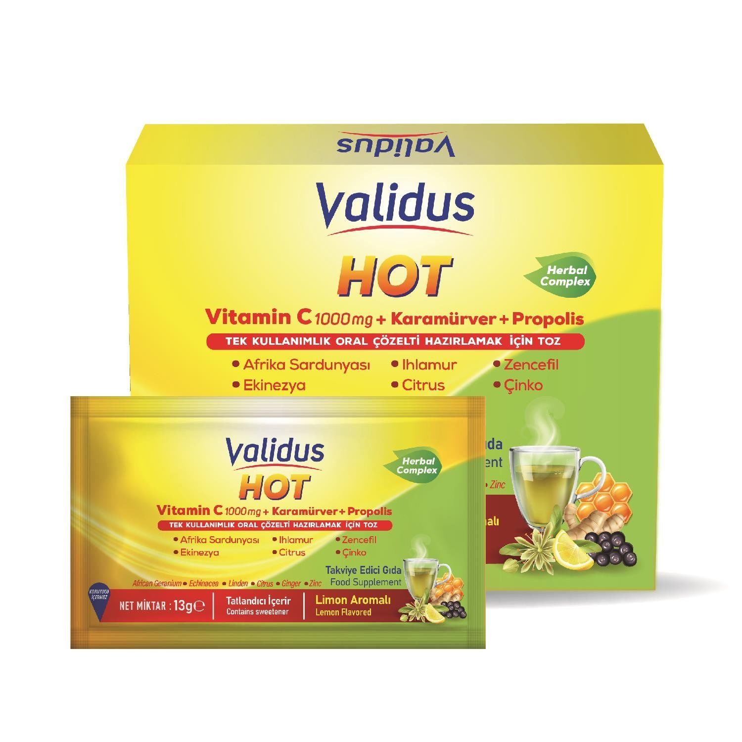 Validus Hot Herbal Complex Vitamin C 1000 mg Karamürver 50 mg Propolis 10 mg - 13 gr 12 Sachet