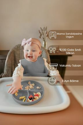 Meleni Baby Vakum Tabanlı Bebek Silikon Mama Tabağı Silikon Tabak - Gri