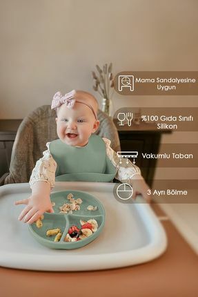 Meleni Baby Vakum Tabanlı Bebek Silikon Mama Tabağı - Silikon Tabak - Yeşil