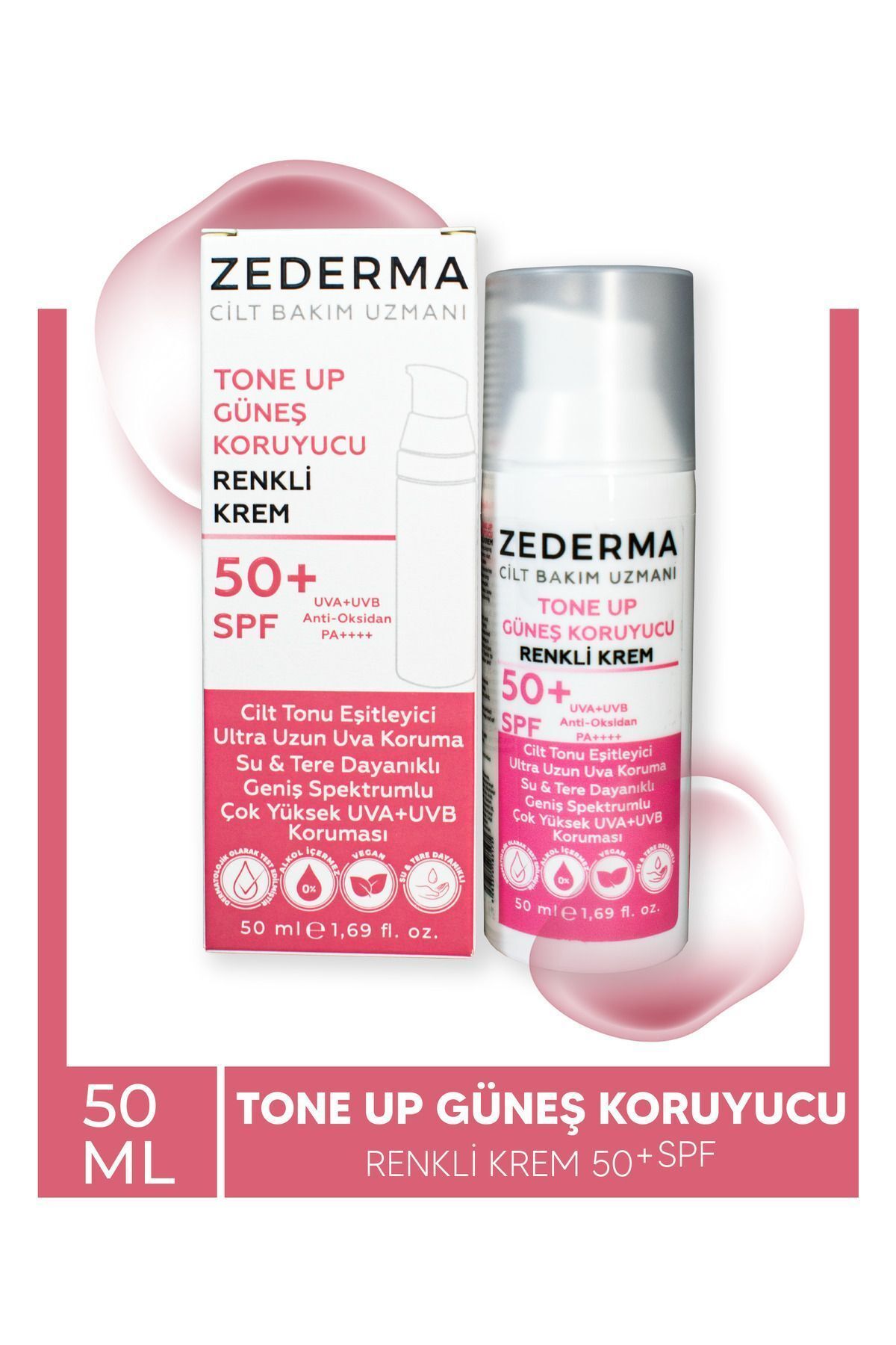 Zederma Tone Up  SPF50+ Ton Eşitleyici Pembe Yüz Güneş Kremi Çok Yüksek Koruma 50 ml