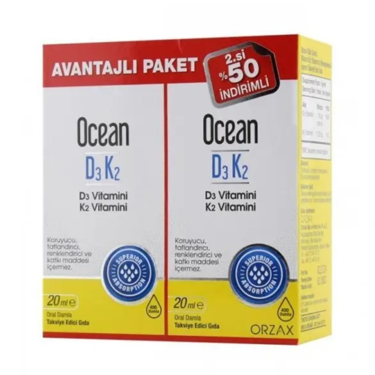 Ocean D3K2 Oral Damla Avantajlı Paket 20+20 ml - İkincisi %50 İndirimli