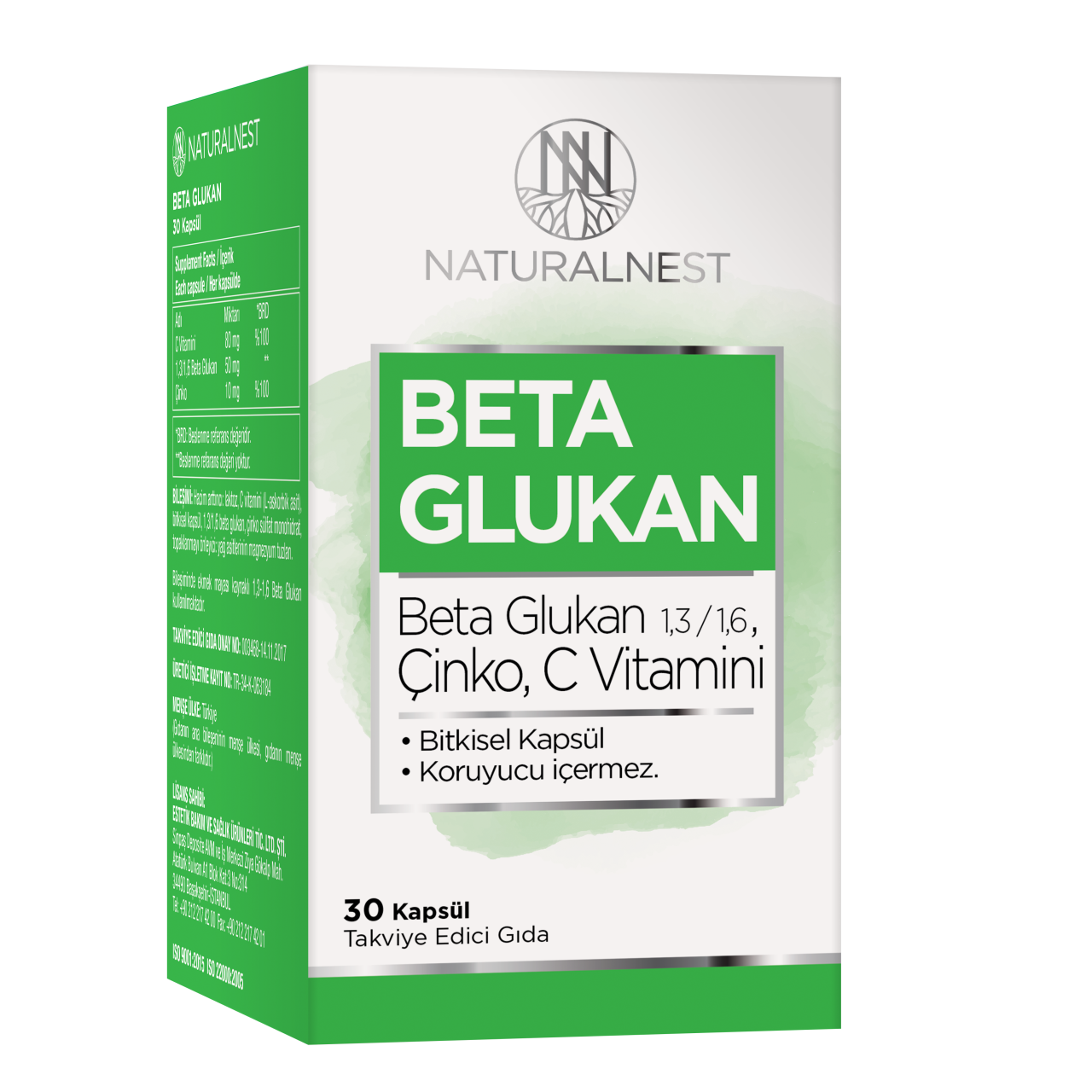 Natural Nest 1,3/1,6 Beta Glukan Çinko Vitamin C İçeren Takviye Edici Gıda 30 Kapsül
