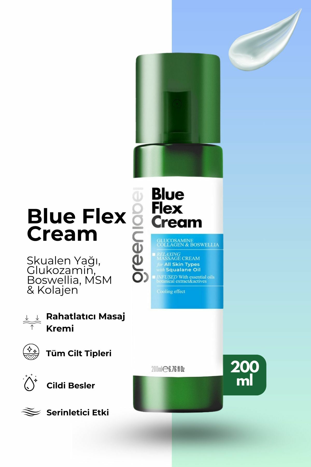 Greenlabel Blue Flex Cream Köpek Balığı Kıkırdağı Glukozamin Msm Vücut Jeli Eklem ve Kas 200 ml