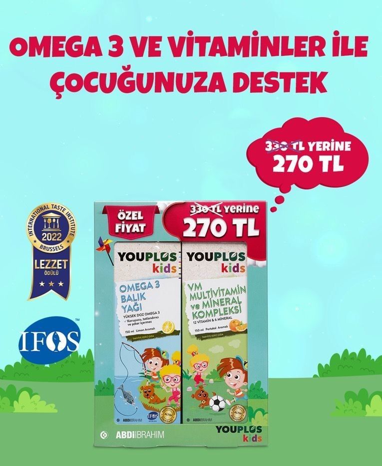 Youplus Kids Omega 3 Balık Yağı 150 ml + Kids VM 150 ml