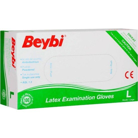 Beybi Beyaz Lateks Muayene Eldiveni Pudralı (L) 100 Adet (Paket)