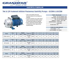 Grandfar GCD 200/185  2.5Hp 380V  Paslanmaz Çelik Gövdeli Tek Kademeli Santrifüj Pompa-Aisi 304