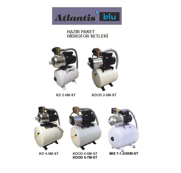 Atlantis Blu KDOD 2-7M-ST   1.5Hp 220V  Hazır  Paket Hidrofor  - Yatık Tanklı 24 Litre Değişebilir Membranlı