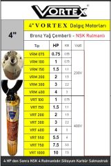 Vortex VRM 100  1Hp 220V  4\'\' Derin Kuyu Sondaj Kuyu Dalgıç Motoru - Bronz Yağ Çemberli / NSK Rulmanlı - Pompasız Tek Motor