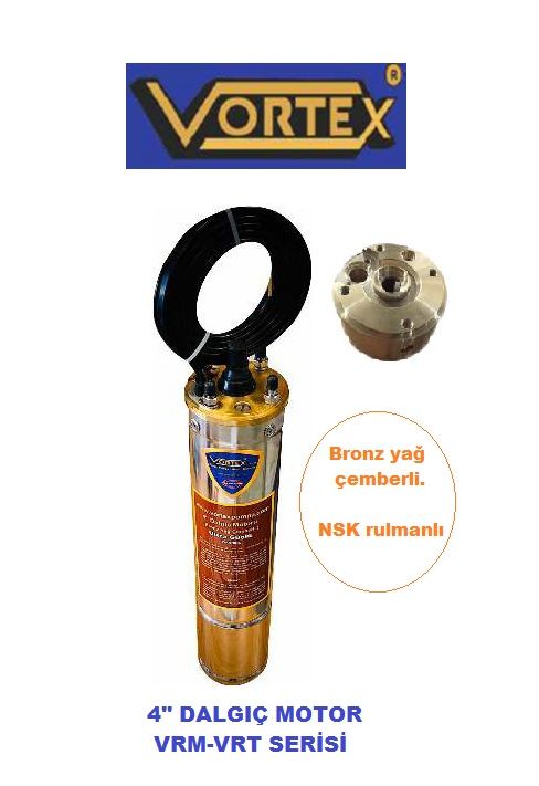 Vortex VRT 750  7.5Hp 380V  4\'\' Derin Kuyu Sondaj Kuyu Dalgıç Motoru - Bronz Yağ Çemberli / NSK Rulmanlı - Pompasız Tek Motor