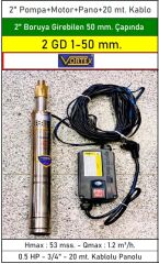 Vortex 2 GD 1-50 mm. 0.5 Hp 220V  3/4'' 20 metre Kablolu Derin Kuyu Dalgıç Pompa (2'' pompa+motor+pano+20m. kablo)