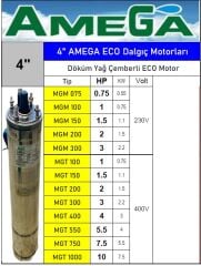 Amega MGT 100  1Hp 380V 4'' Döküm Yağ Çemberli Derin Kuyu Sondaj Dalgıç Motor (Eco motor)