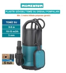 MOMENTUM PKS-750PE -750W-220V- PLASTİK GÖVDELİ TEMİZ SU DALGIÇ DRENAJ POMPASI