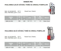 Venedik Pro QSB-2JH-550  550W 220V Paslanmaz Çelik Gövdeli Temiz Su Drenaj Dalgıç Pompa (Üstten Çıkışlı)