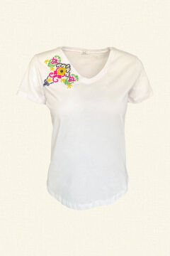 Renkli Boncuk İşlemeli Basic V Yaka Pamuklu Beyaz Tişört