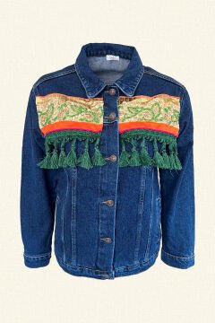 Dark Color Jean Jacket with Orange Indian Embroidery and Green Tassel Detail