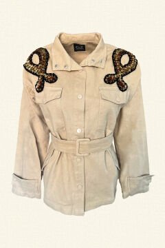 Cream Jean Jacket with 3 Colors Embroidered Shoulders