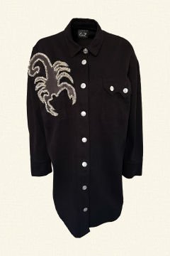 Long Black Color Jean Jacket with Scorpion Figure and Bead Embroidery on Leather
