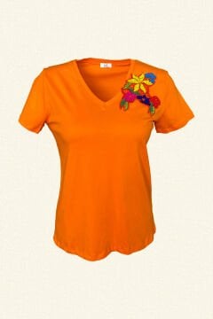 Renkli Çiçek İşlemeli Turuncu Tişört