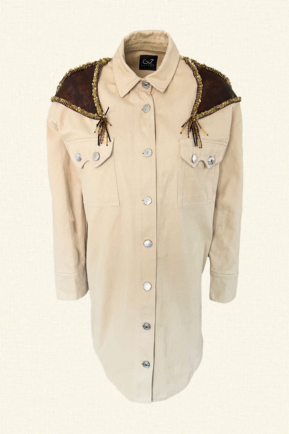 Long Cream Oversize Jean Jacket with Sequin Embroidery on Leather