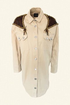 Long Cream Oversize Jean Jacket with Sequin Embroidery on Leather