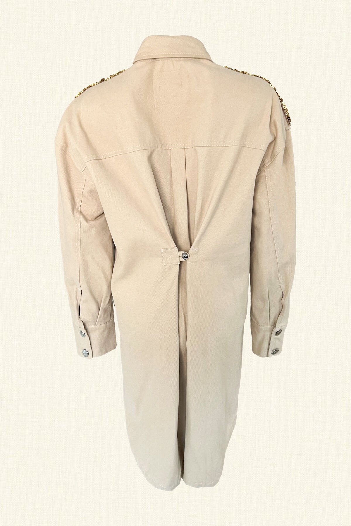 Long Cream Oversize Jean Jacket with Sequin Embroidery on Leather