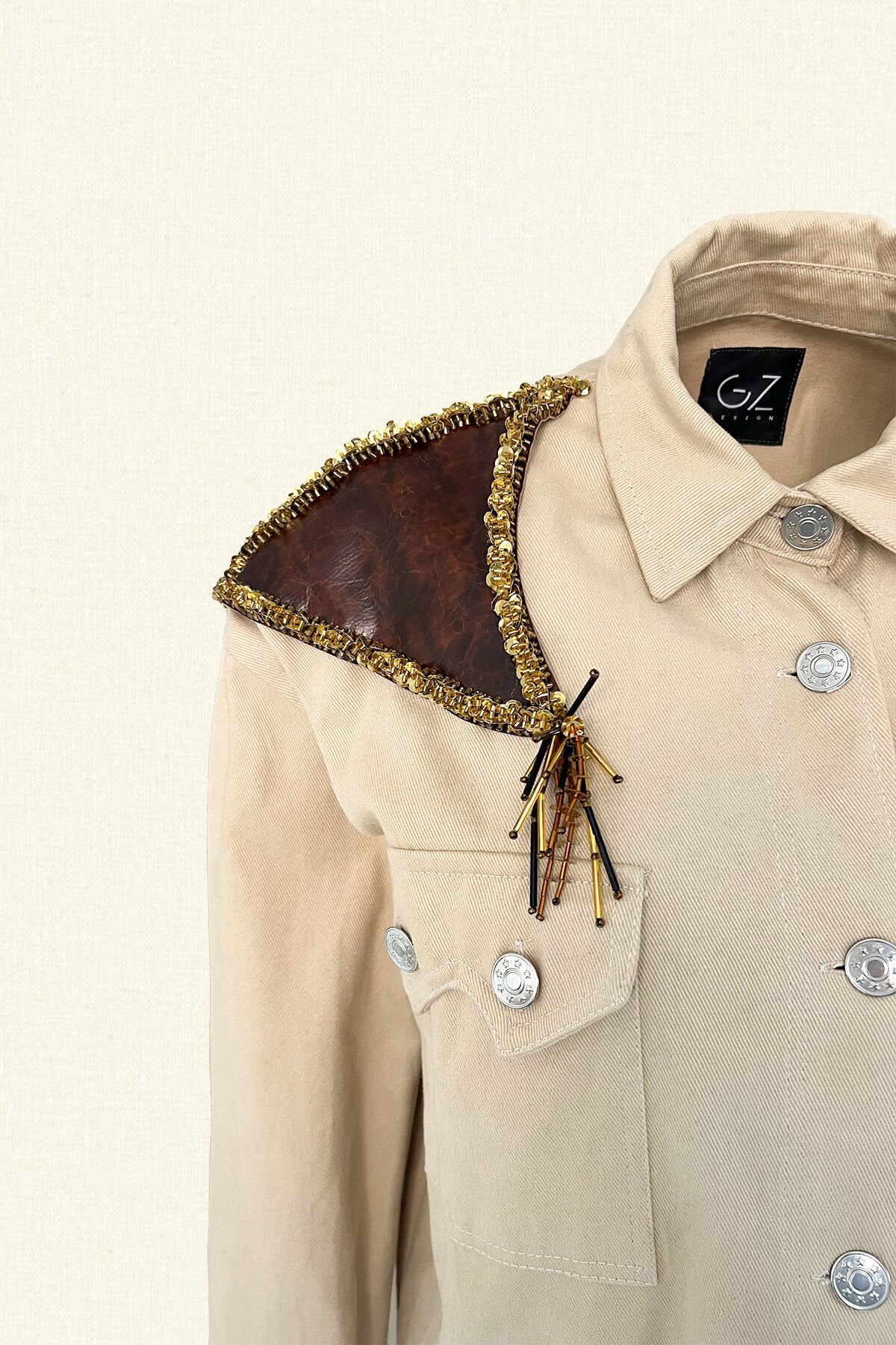 Long Cream Oversize Jean Jacket with Sequin Embroidery on Leather