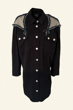 Deri Üzeri Pul İşlemeli Uzun Siyah Oversize Jean Ceket
