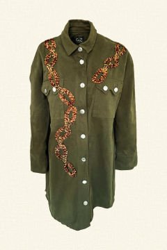 Copper Chain Embroidered Long Green Oversize Jean Jacket