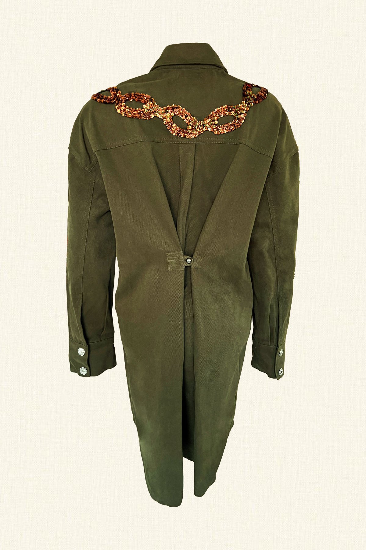 Copper Chain Embroidered Long Green Oversize Jean Jacket