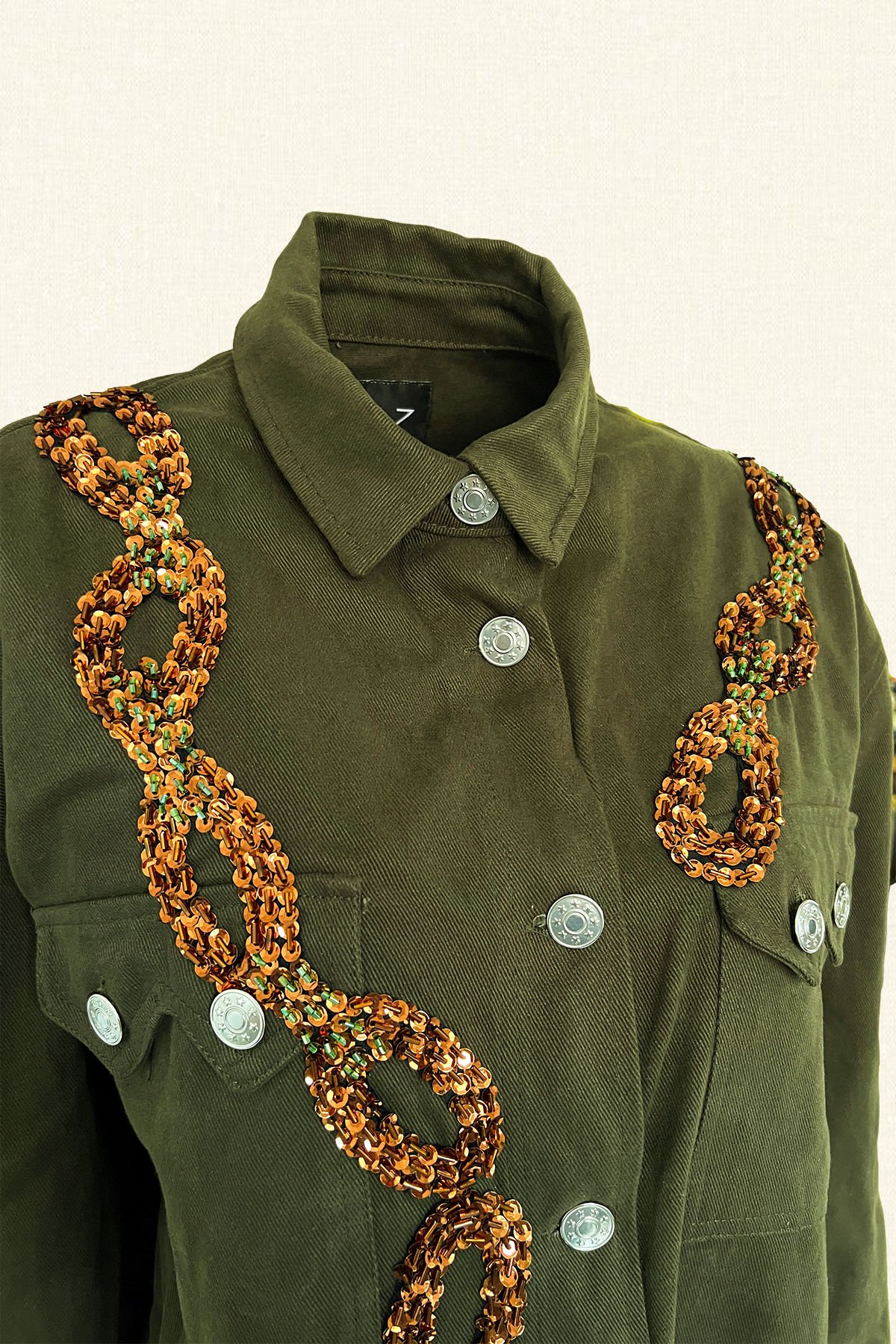 Copper Chain Embroidered Long Green Oversize Jean Jacket
