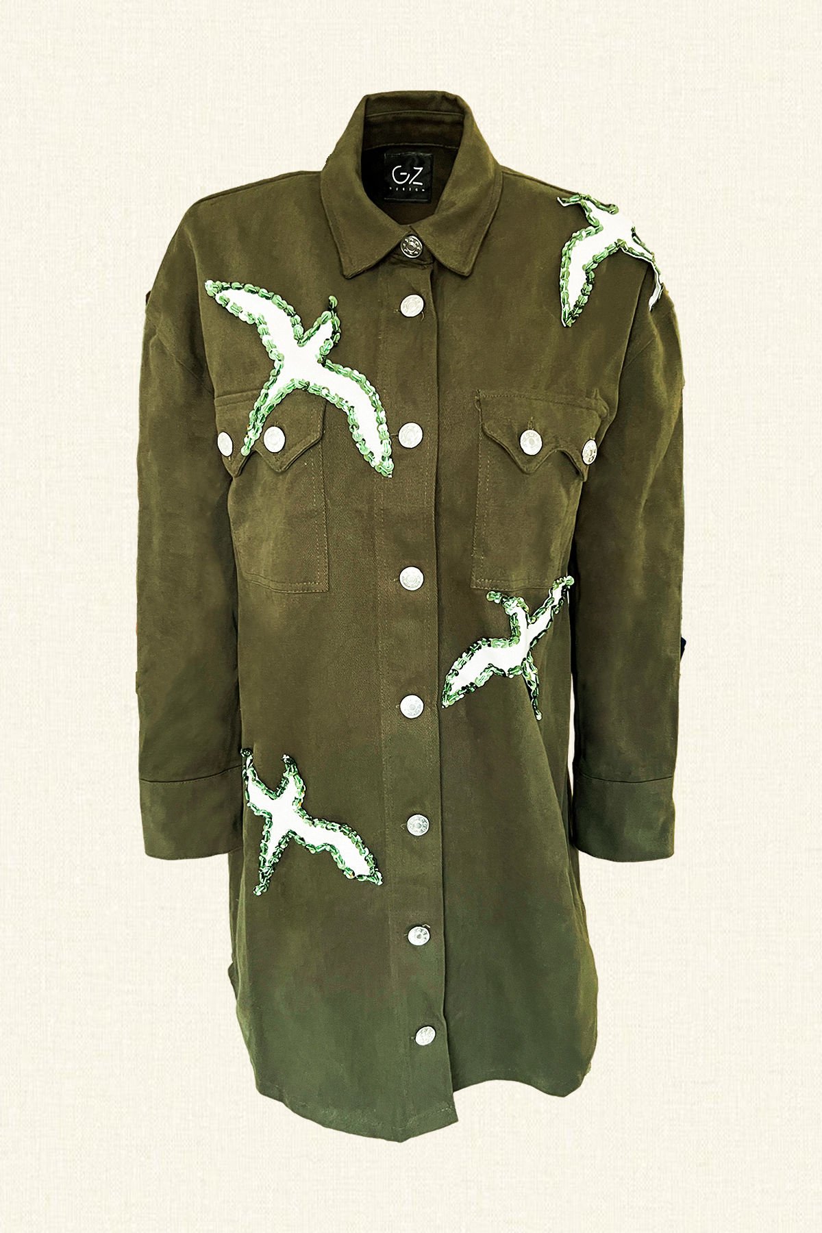 Long Green Oversize Jean Jacket with Sequin Embroidered Bird Figure on Leather