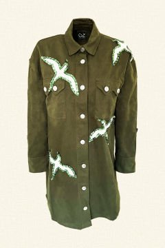 Deri Üzeri Pul İşlemeli Kuş Figürlü Uzun Yeşil Oversize Jean Ceket