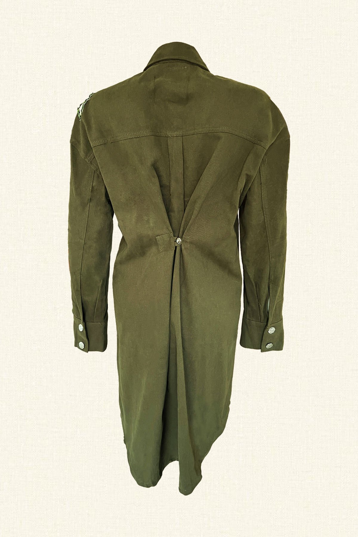 Long Green Oversize Jean Jacket with Sequin Embroidered Bird Figure on Leather