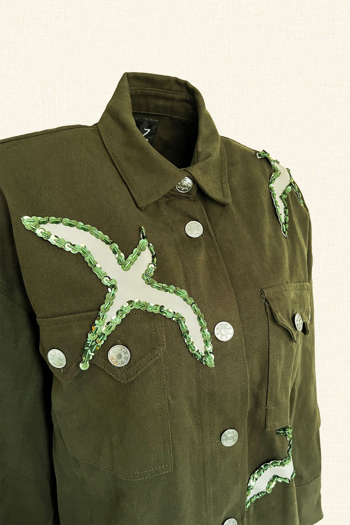 Long Green Oversize Jean Jacket with Sequin Embroidered Bird Figure on Leather