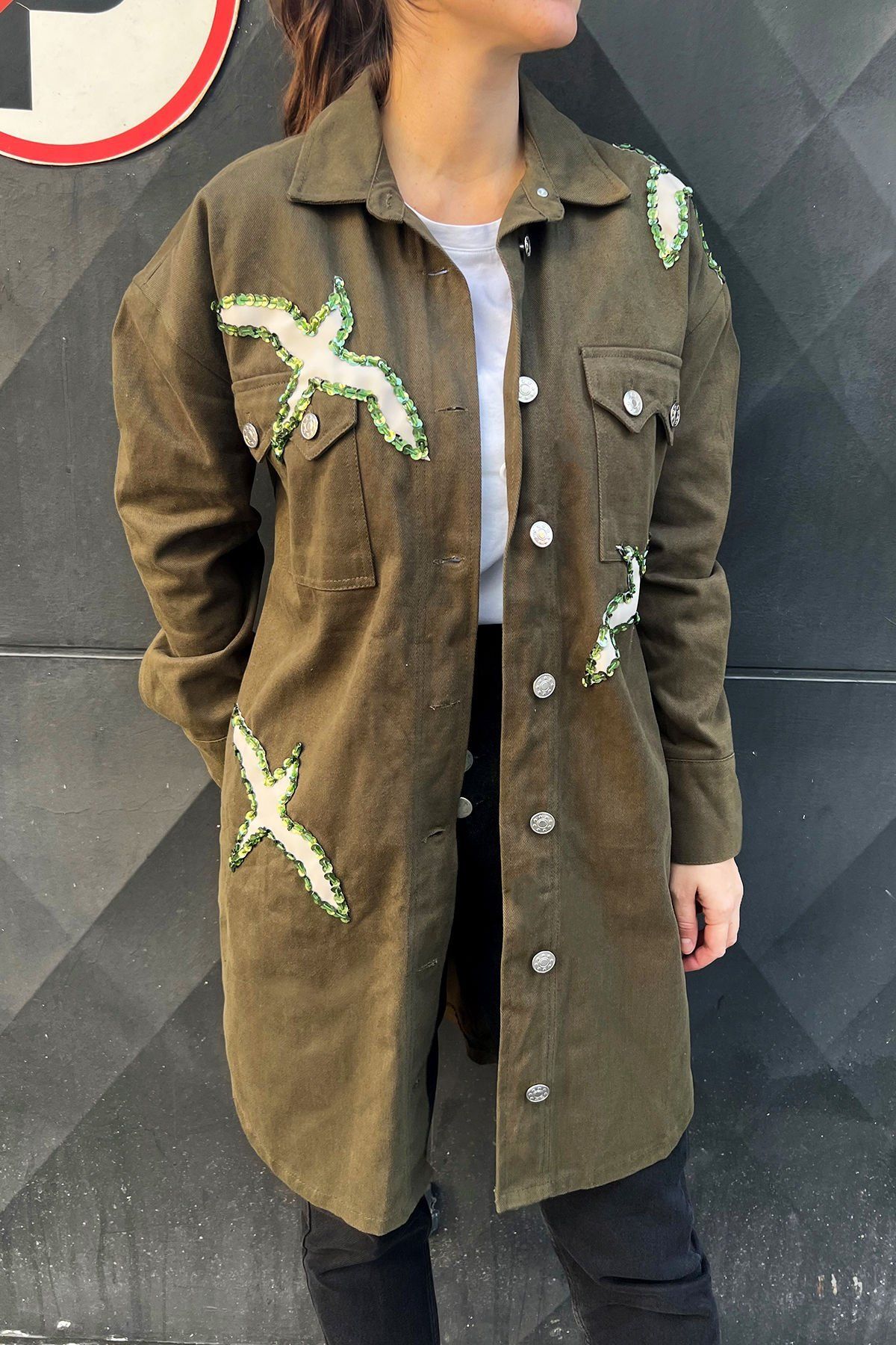 Long Green Oversize Jean Jacket with Sequin Embroidered Bird Figure on Leather