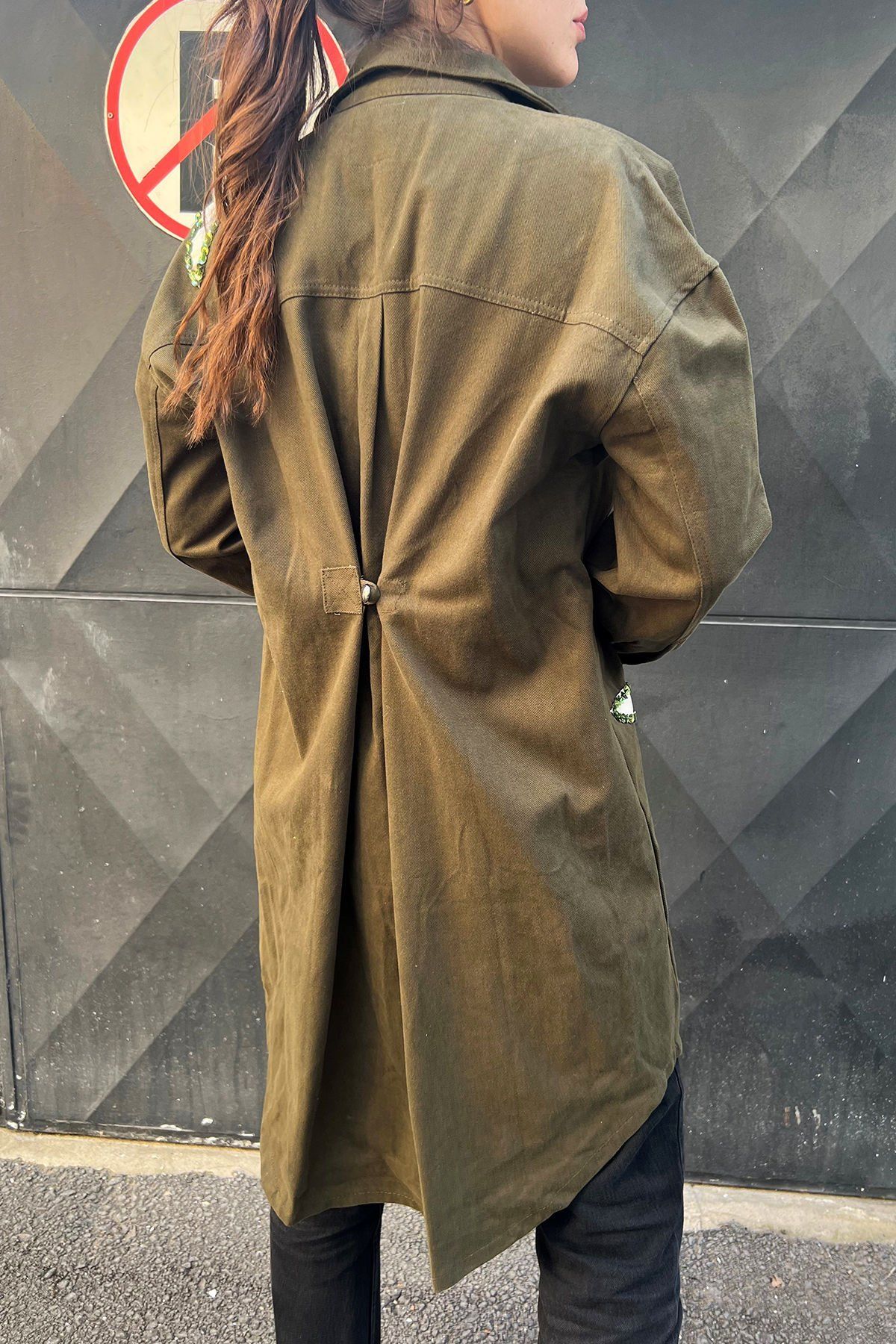 Long Green Oversize Jean Jacket with Sequin Embroidered Bird Figure on Leather