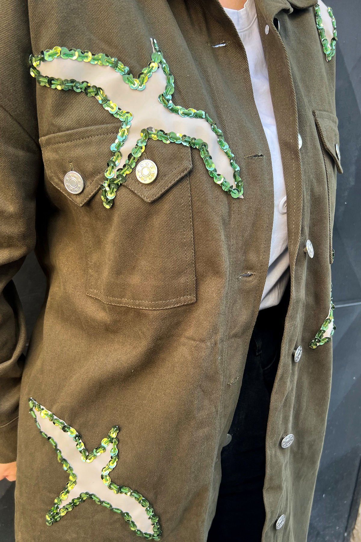 Long Green Oversize Jean Jacket with Sequin Embroidered Bird Figure on Leather