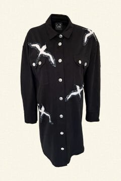 Deri Üzeri Pul İşlemeli Kuş Figürlü Uzun Siyah Oversize Jean Ceket