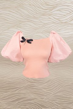 Dragonfly Embroidered Balloon Sleeve Pink Blouse