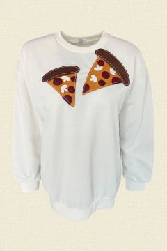 Pizza Motifli Deri Detaylı Beyaz Oversize Sweatshirt