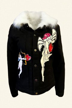 El Boyaması Melek Figürlü İçi Kürklü Siyah Jean Ceket