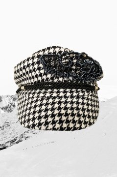 Bead Embroidered Black and White Crow's Foot Patterned Cap