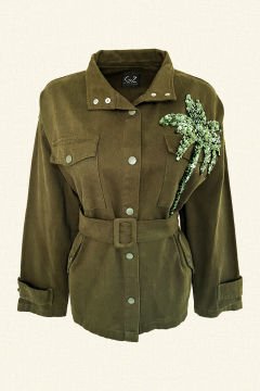Palm Tree Embroidered Green Color Jean Jacket